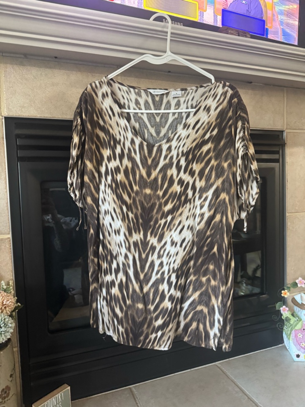 Liz Claiborne Brown and Cream Animal-Print V-Neck Blouse